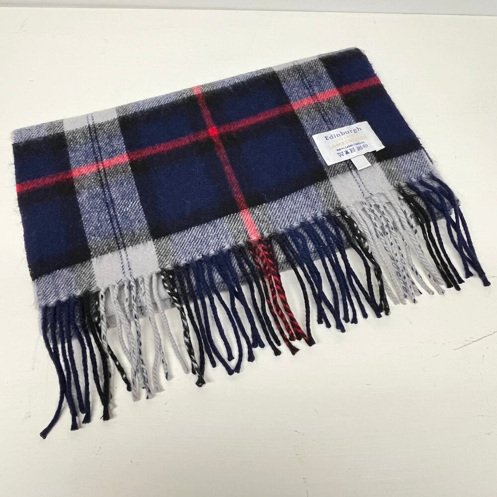 Edinburgh Lambswool Plaid Red White Blue Fringe Scarf